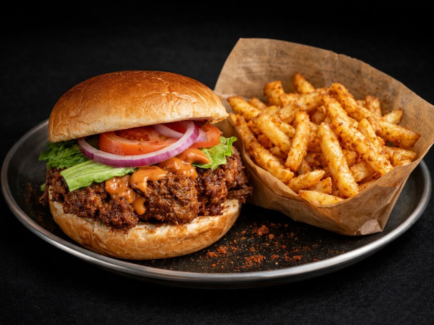 Suya Burger with fries